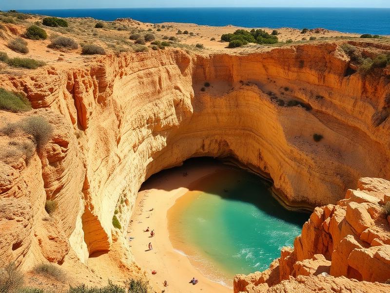 Goldene Klippen der Algarve über einer Sandbucht mit türkisfarbenem Meer