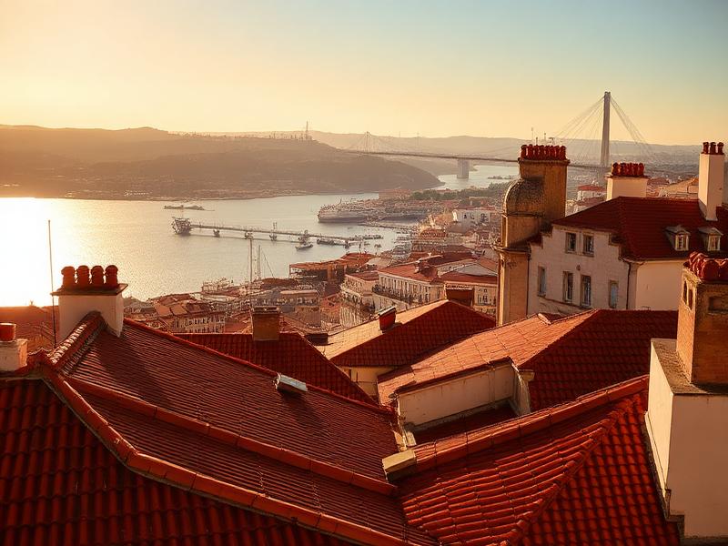 Rote Ziegeldächer Lisboas mit dem Tejo im Hintergrund